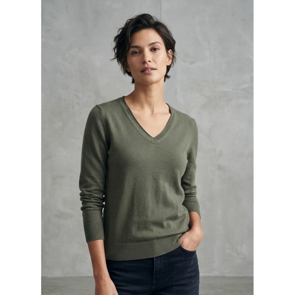 Lands' End Canvas Olive Green Cotton Cashmere V-Neck Knit Sweater Small